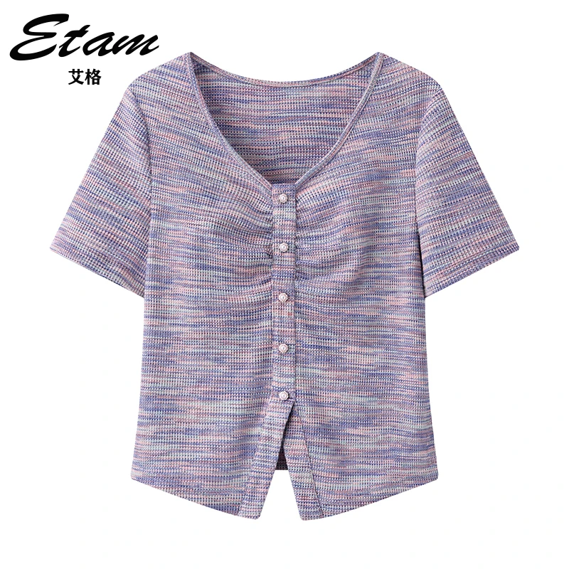 Etam/艾格晕染风华夫格套头短袖t恤2025秋季新款V领显瘦短款小衫
