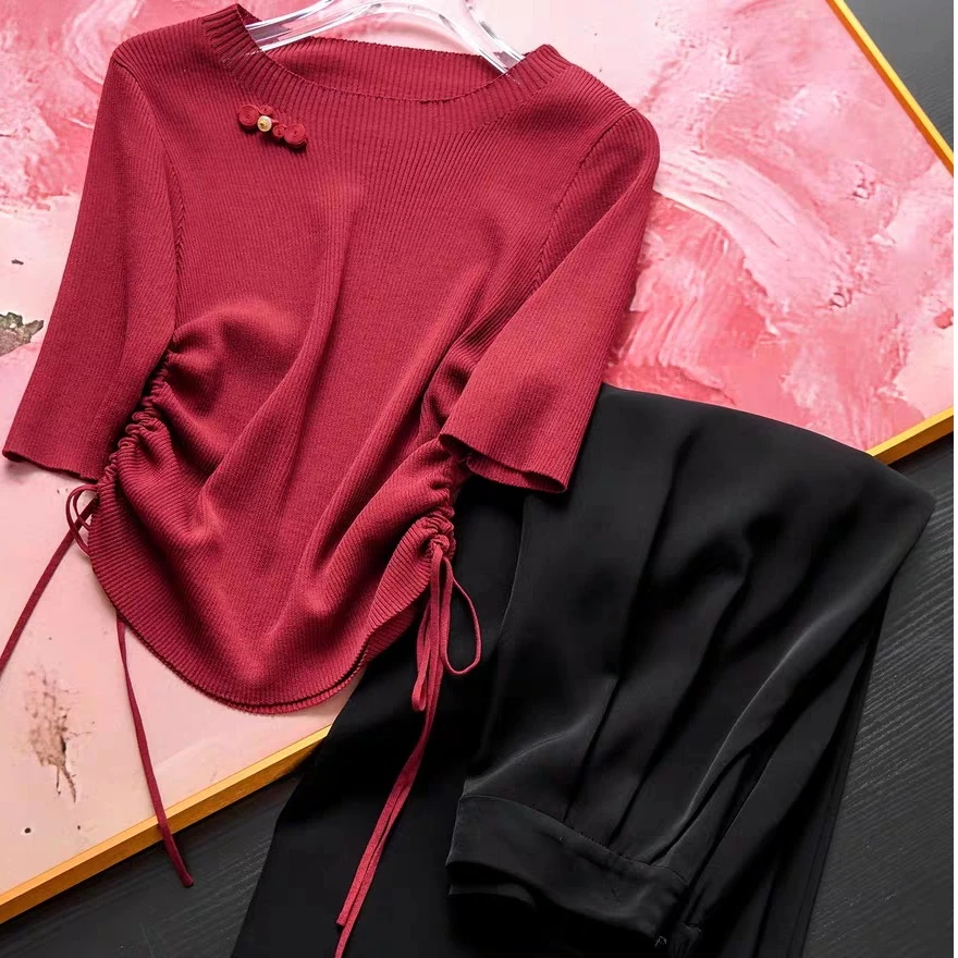 时尚通勤气质百搭针织上衣直筒休闲裤套装A14648