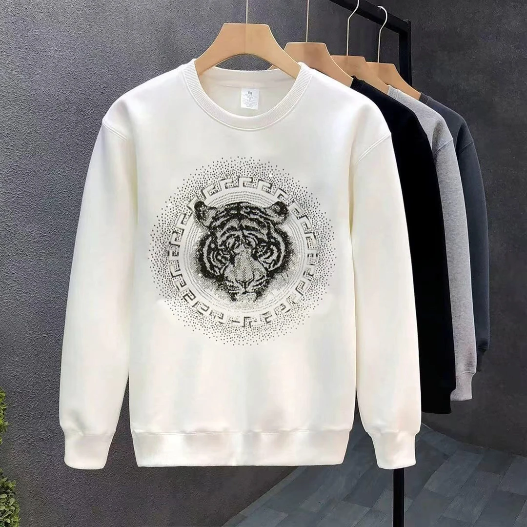 2026秋冬新款圆领卫衣男士青年潮牌潮流霸气虎头烫钻上衣t恤男款