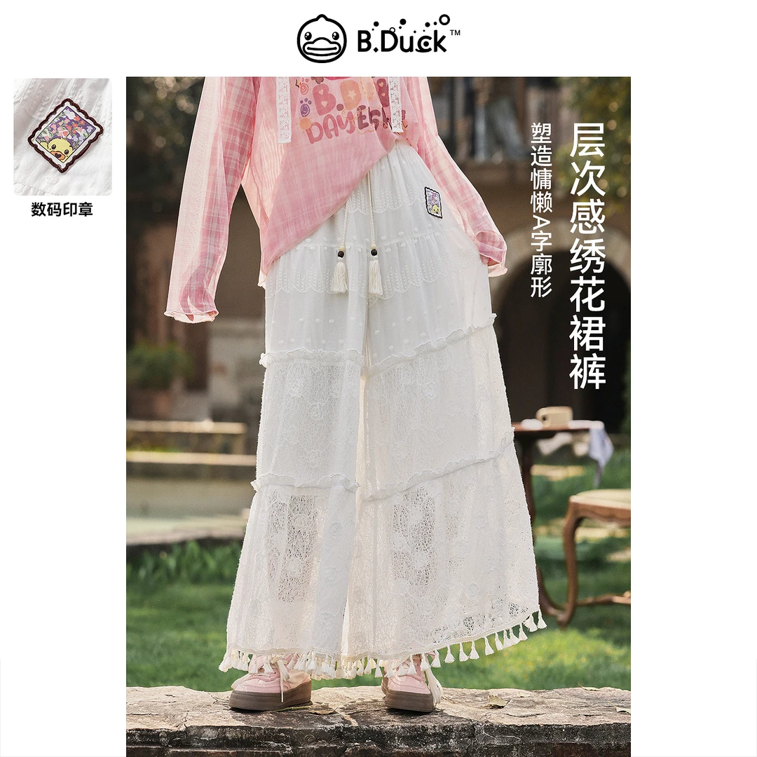 【 夏日序幕】B.Duck小黄鸭2026新款白色裤子蕾丝流苏薄款裙裤女