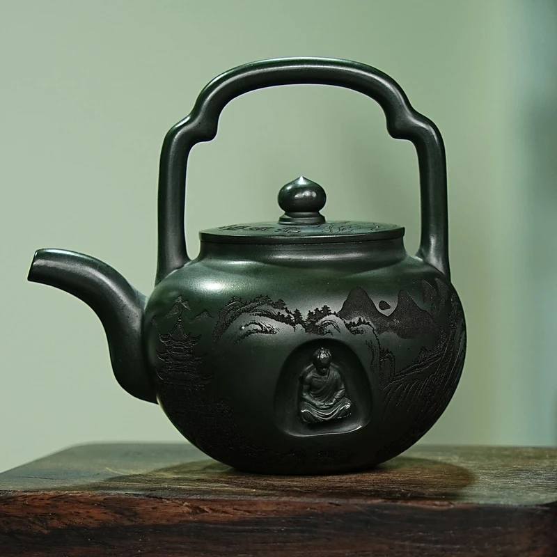 【2247提梁石猴壶】宜兴原矿紫砂手工雕刻石猴 提梁壶