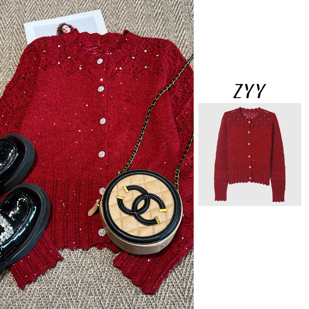 ZYY【甜梦花语】2025/S新品波浪肌理感菱形镂空针织衫女X25QZZ03417