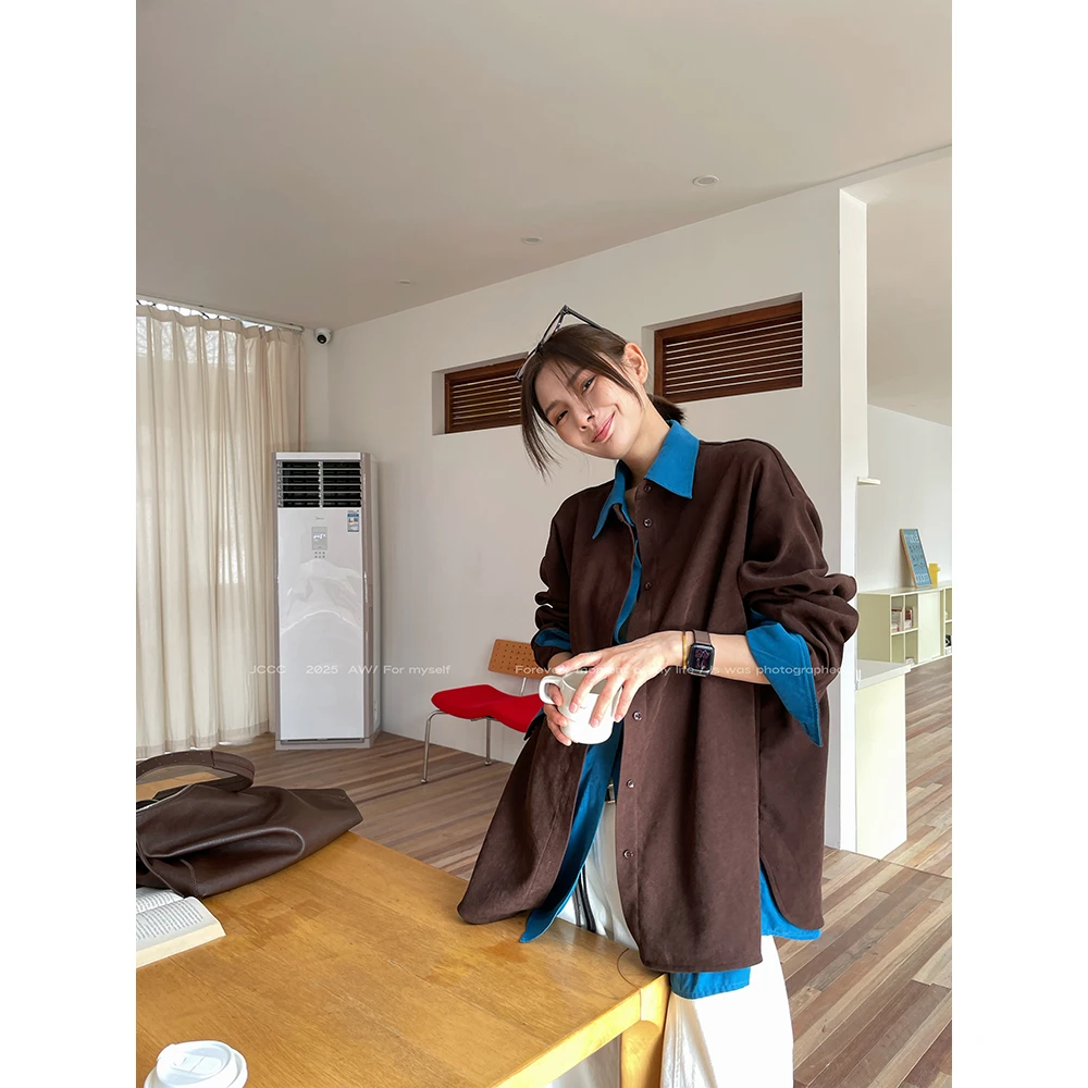 JCCC影子【墨咖深海】咖色撞色拼接假两件廓形中长款衬衫JE5BAC11