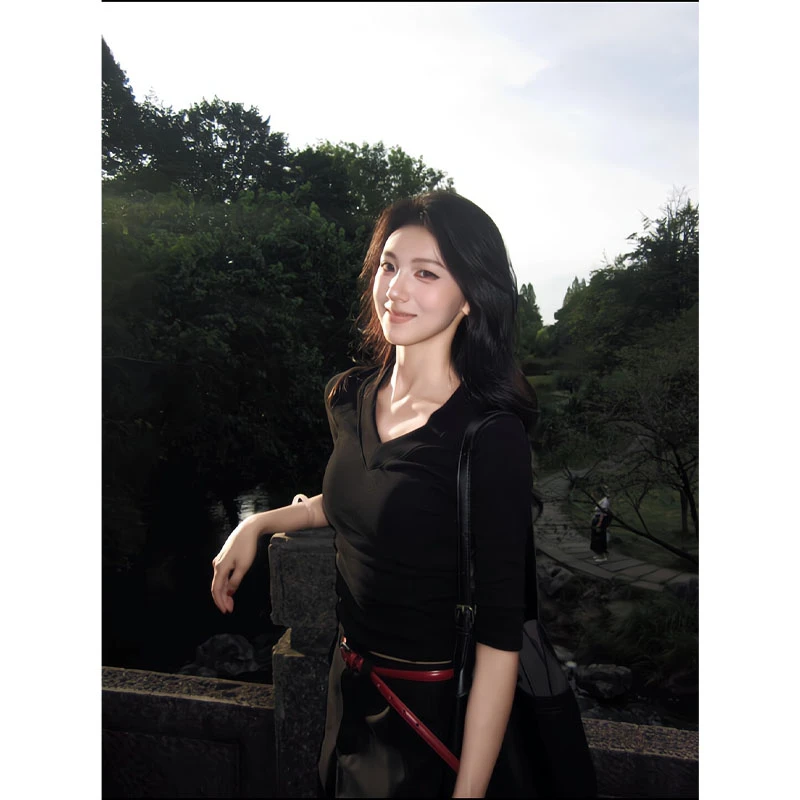 美式V领短袖正肩t恤修身收腰中袖上衣宽松休闲裤高腰直筒西装裤女