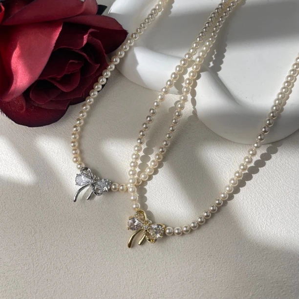 铜合金仿珍珠项链 蝴蝶结锆锆珍珠项链4㎜ 百搭唯美057小众时尚