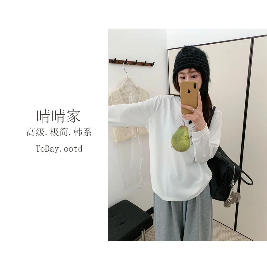 晴晴家-【大鸭梨】早秋韩系百搭简约大鸭梨图案圆领长袖T恤9116