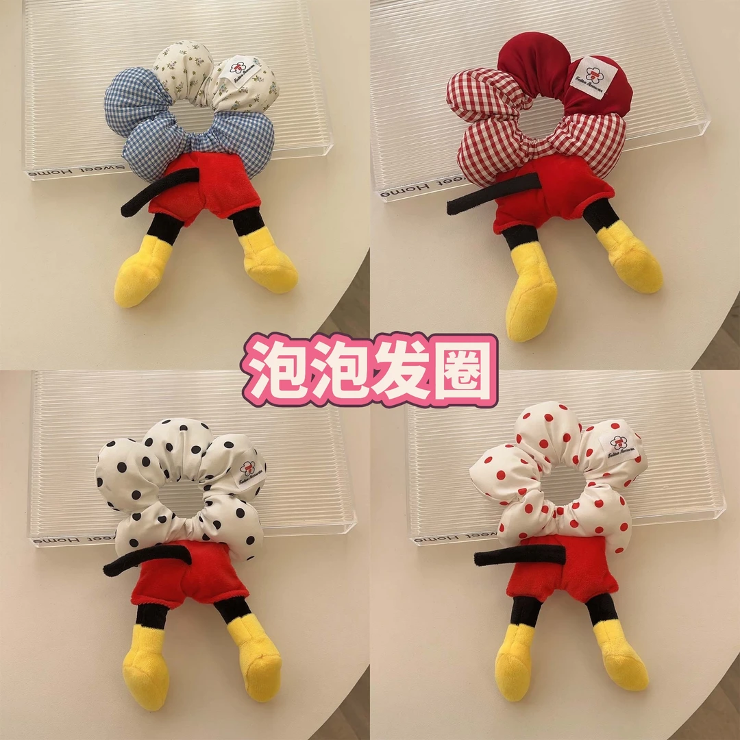 格纹拼色花朵米奇屁屁发圈女可爱丸子头扎发绳创意头花米老鼠头绳