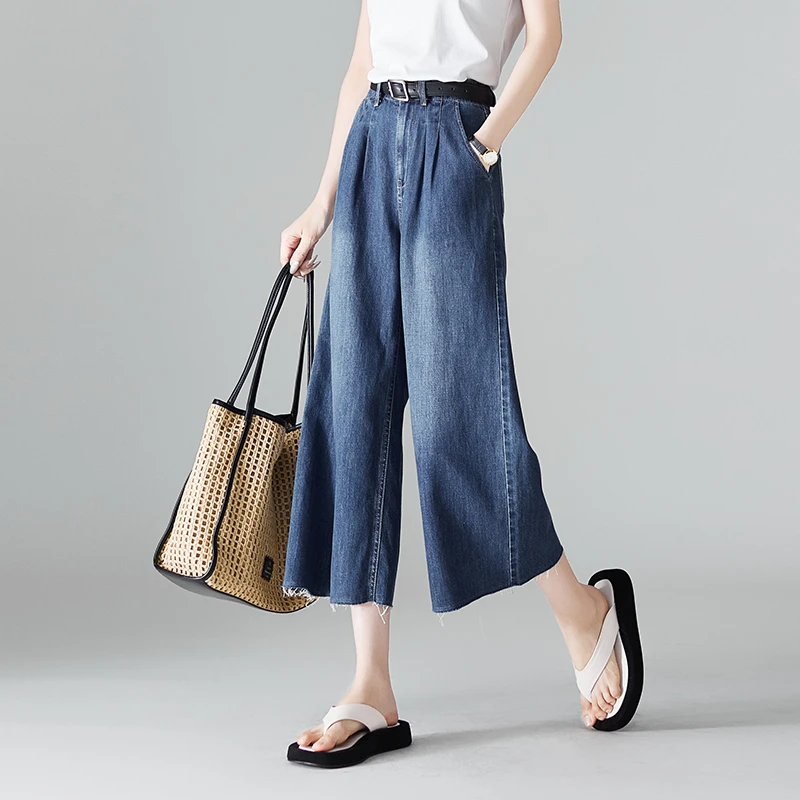 索菲丝尔莱赛尔棉麻薄款毛边牛仔裤女2025夏季八分阔腿裤522118