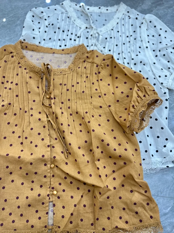 〔波点系带小衫〕韩版波点蕾丝拼接宽松减龄短袖上衣