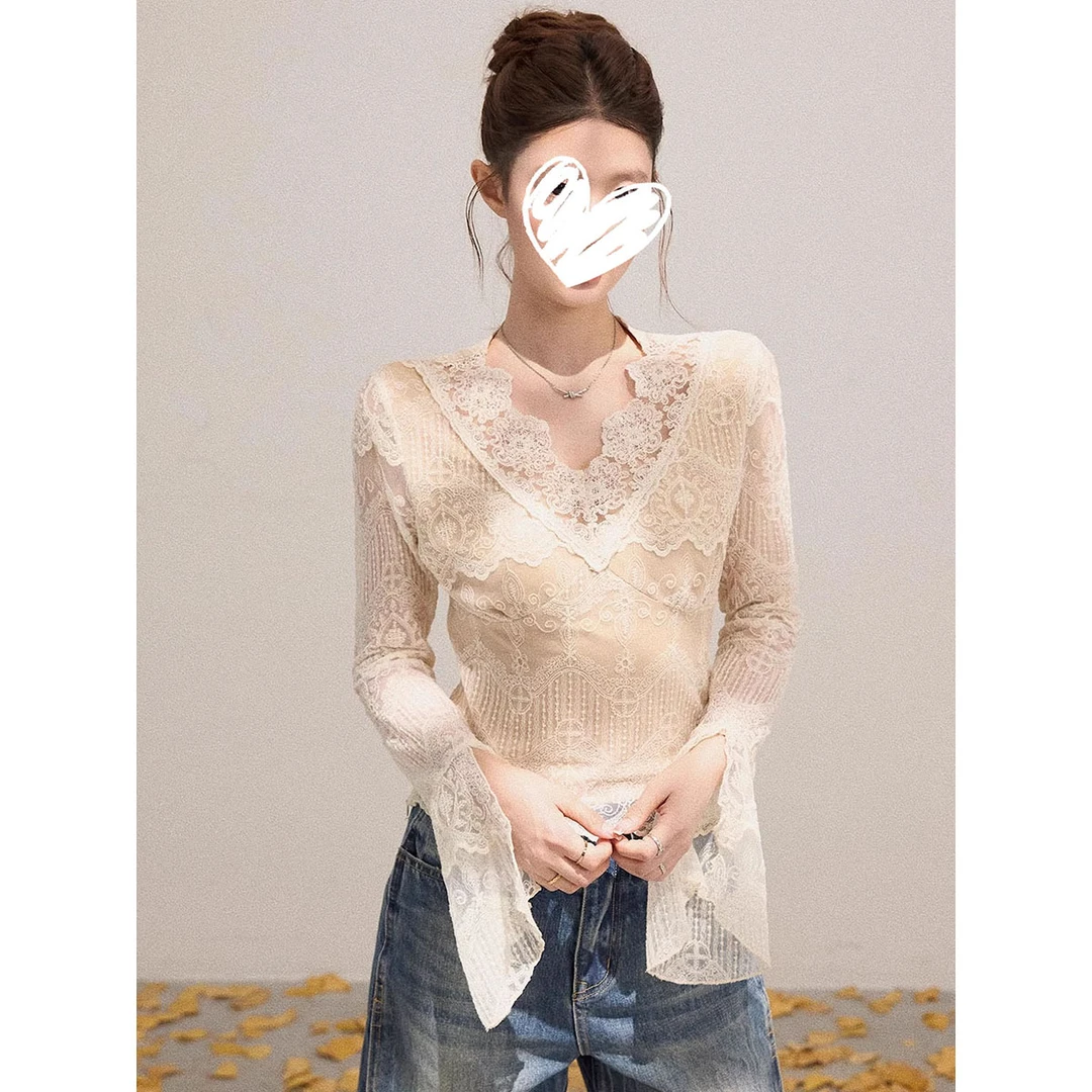 美式性感v领修身喇叭袖长袖蕾丝衫女早秋冬新款独特收腰短款上衣