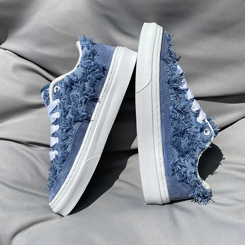 蓝色情侣增高流苏耐磨板鞋休闲鞋轻便支撑秋季减震软底男鞋大码鞋
