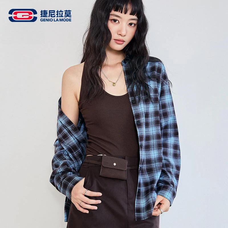 捷尼拉莫格纹衬衫女街头感2025夏季新款美式复古风休闲长袖外搭