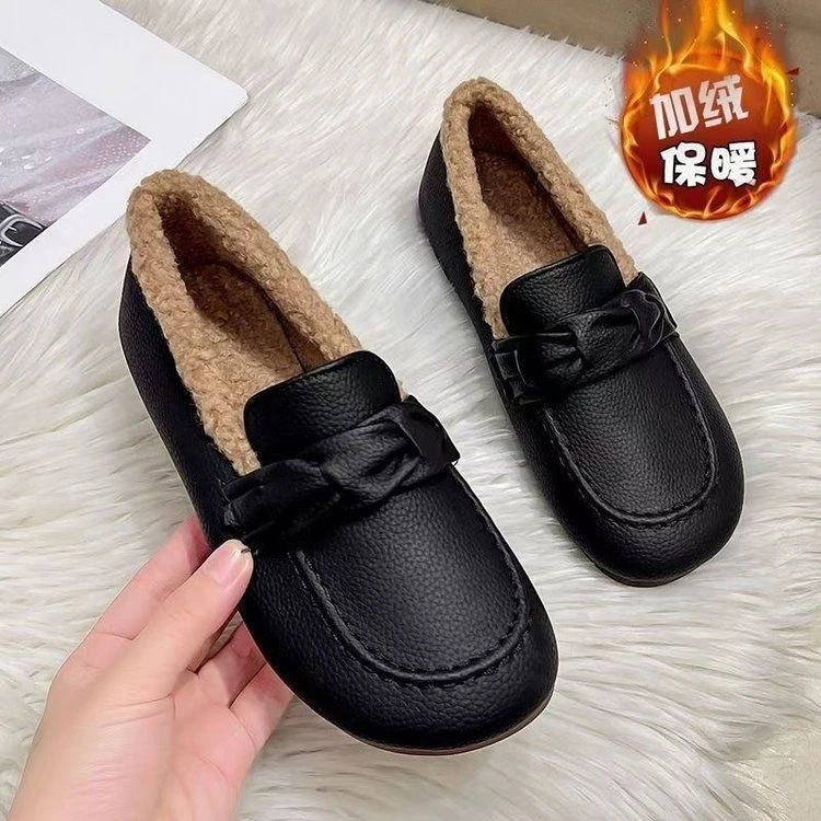 断码乐福鞋女冬季加绒保暖毛毛棉鞋百搭软底妈妈豆豆鞋子A886