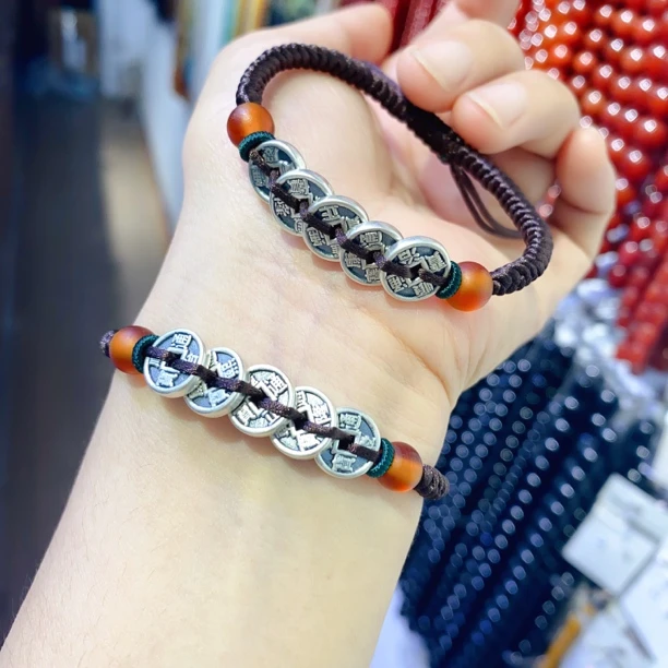 足银手链 999足银五帝钱币手链男女手工编织复古咖绳手链情侣礼物