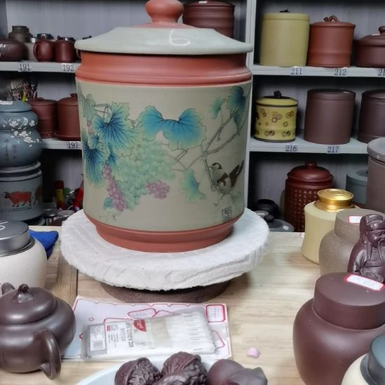 紫砂茶叶罐正品九饼花鸟款6