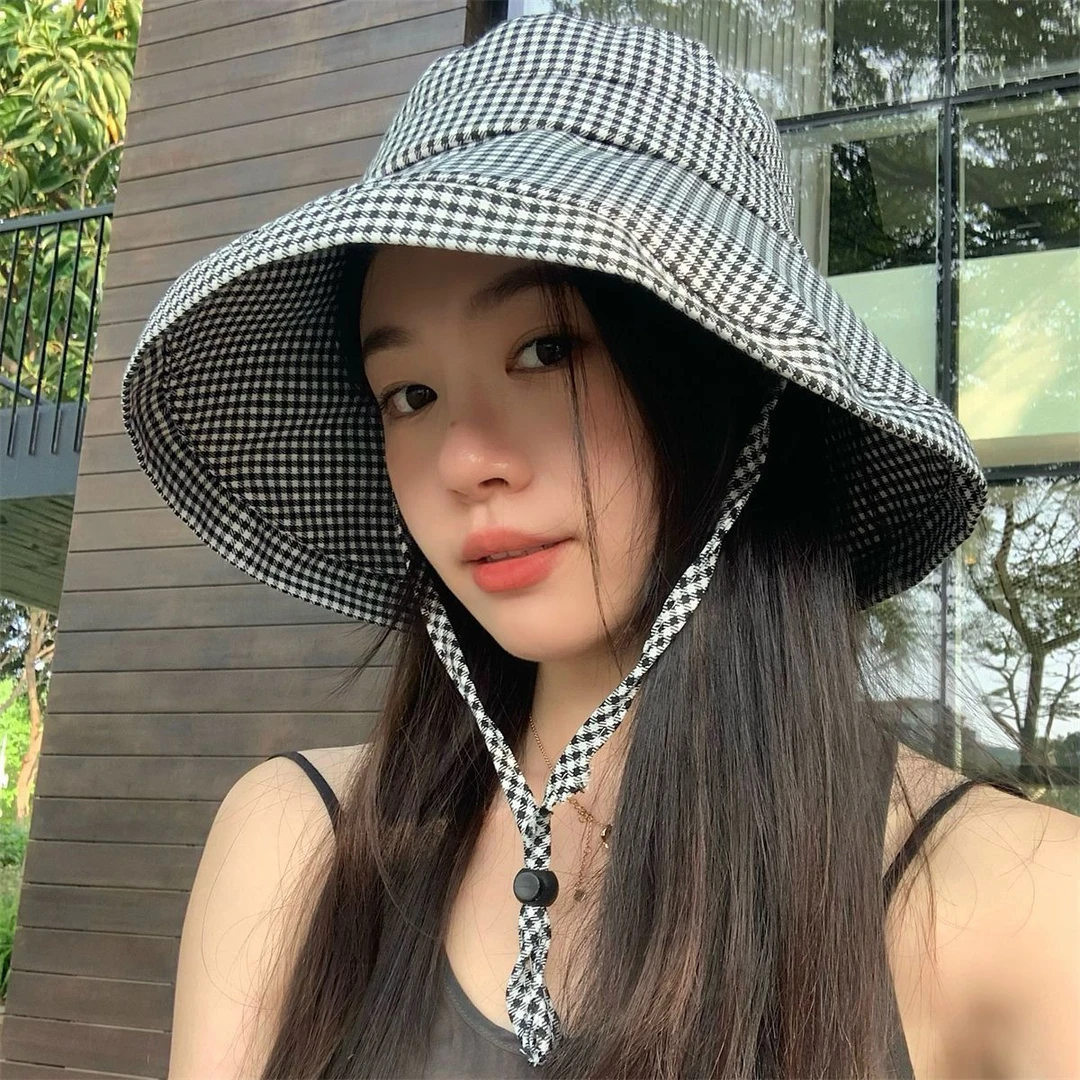 夏季紫外线大檐帽檐遮阳帽太阳遮脸千鸟格子