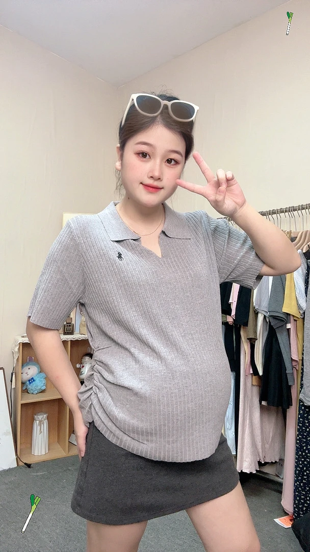 【孕妇】大码polo领正肩短袖女夏季v领胖mm宽松显瘦针织上衣#2522