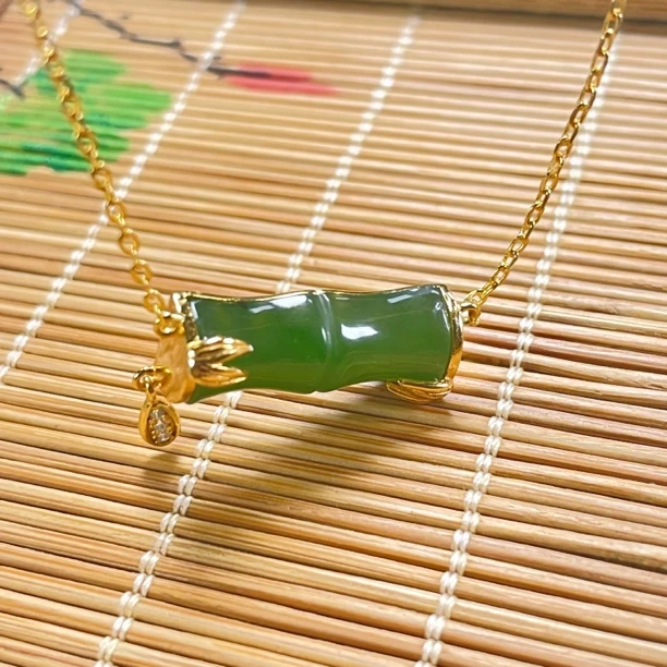 天然和田玉碧玉竹节吊坠8 x 22 mm925银镀金  KY0146N