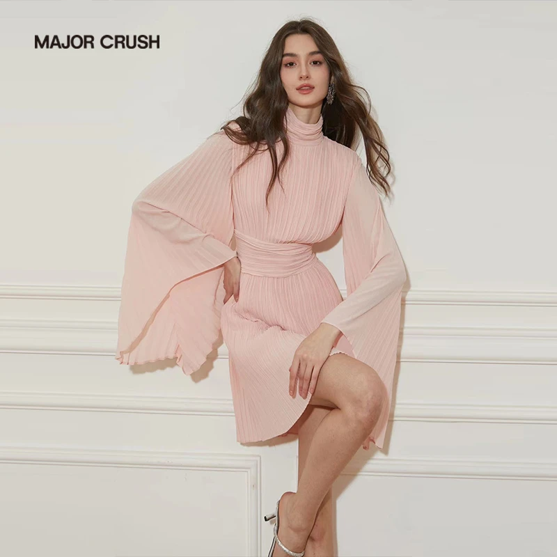 MAJOR CRUSH新款早秋甜美洋溢粉色宽松连衣裙薄款条纹短裙5063