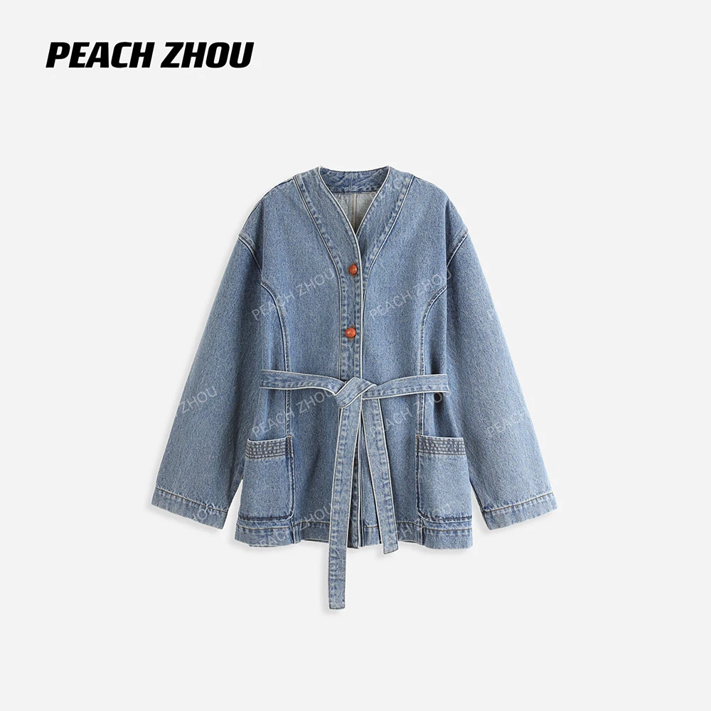 『PEACHZHOU』水洗道袍领真皮纽扣宽松休闲时髦腰带牛仔开衫外套