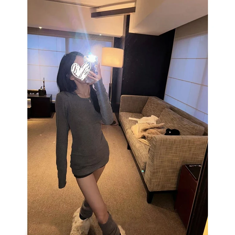 正肩长袖T恤女秋冬2025新款加绒打底衫女中长款内搭修身收腰上衣