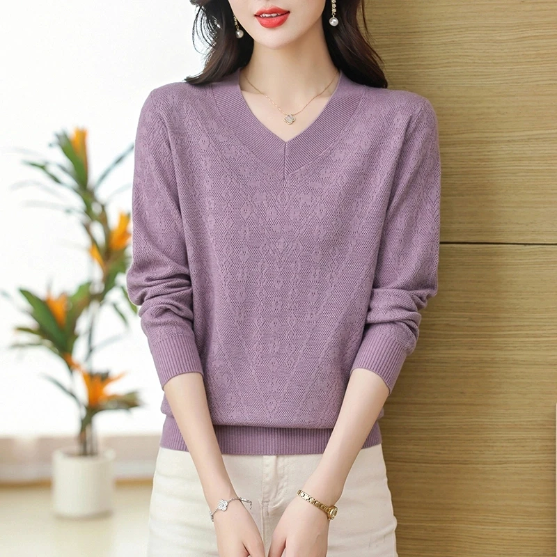 洋气提花毛衣女长袖针织衫春秋新款打底衫时尚宽松毛衣妈妈装上衣