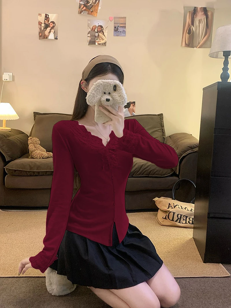 2025秋季新款胖mm百搭纯欲潮加厚保暖蕾丝长袖打底衫T恤上衣33425