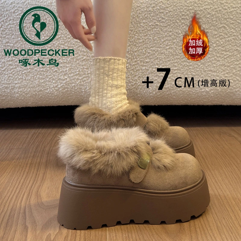 啄木鸟复古拼接毛毛鞋加绒加厚勃肯鞋女2025新款秋冬厚底增高棉鞋