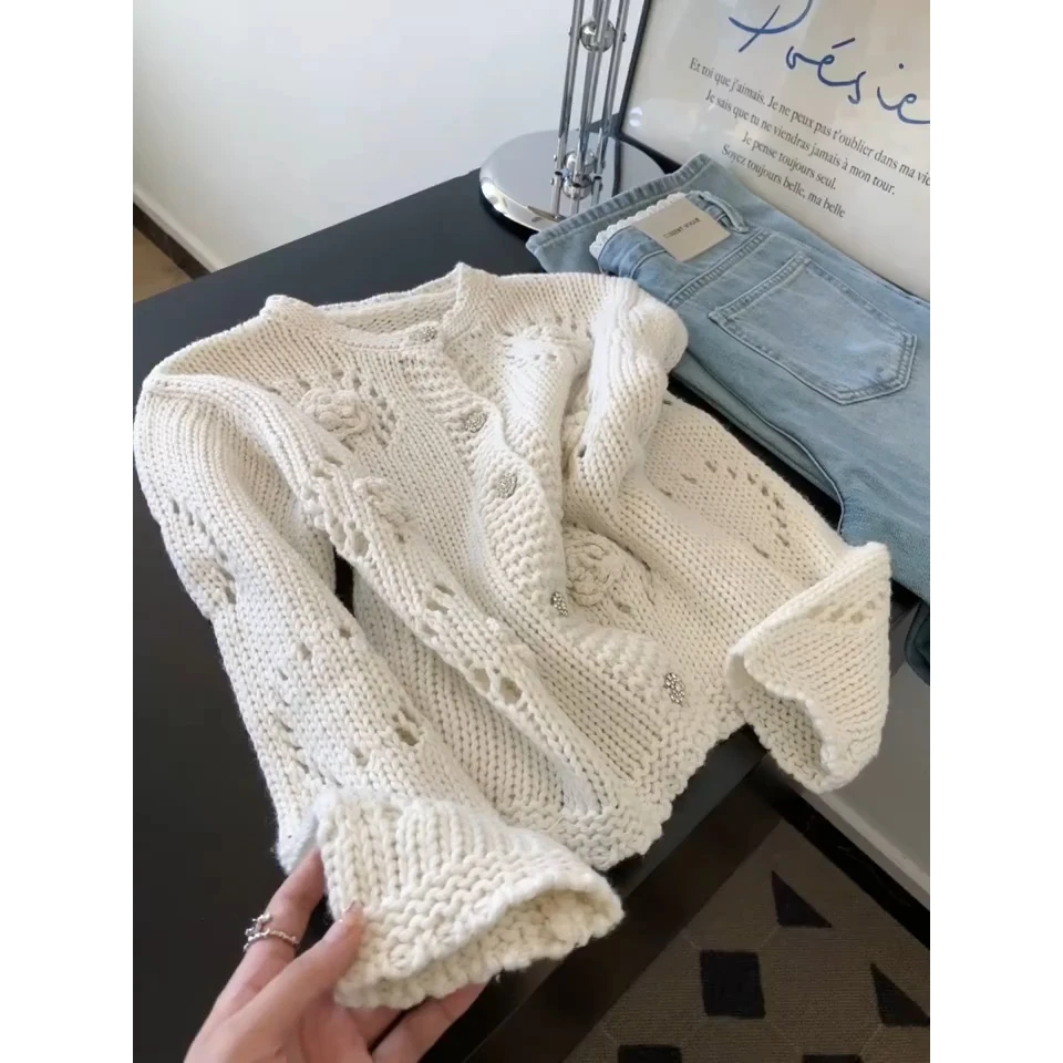 早秋chic上衣针织开衫女士镂空毛衣外套慵懒风高级设计感小众韩系