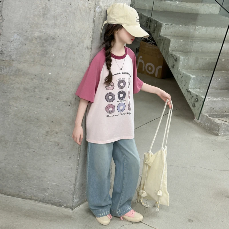 女童短袖T恤2025新款夏季套装休闲时尚中大童儿童洋气韩版牛仔裤