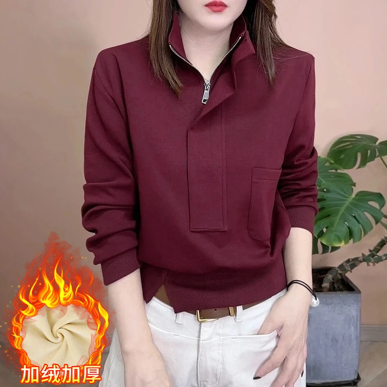 6910#加绒加厚半拉链卫衣冬季新款口袋拼接立领保暖长袖显瘦上衣