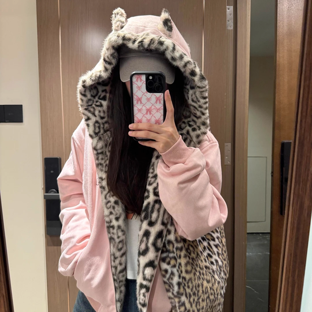 2025新款座山雕猫耳朵豹纹棉服女冬季加绒加厚防寒休闲毛绒外套潮