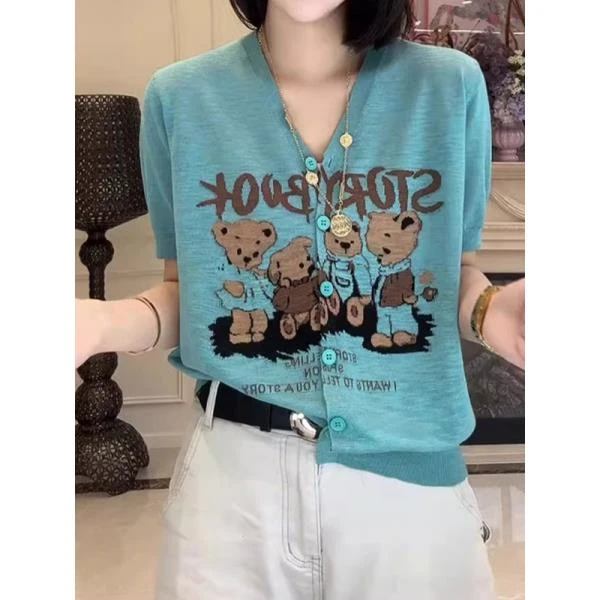 卡通小熊V领针织开衫女2025夏新款百搭减龄五一洋气出街服装上衣