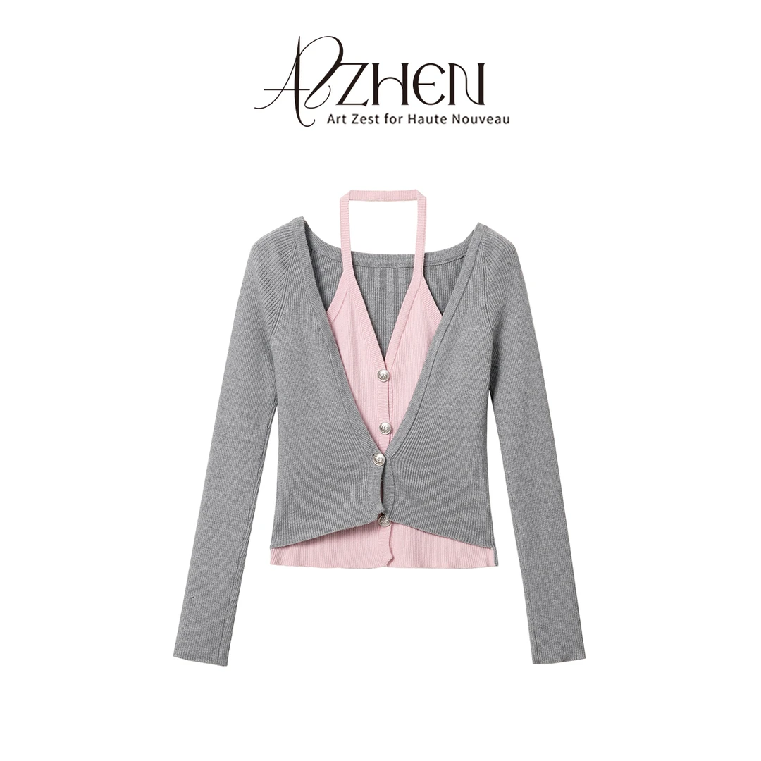 AZZHEN【芭蕾灰调】高级感灰粉拼接挂脖假两件针织上衣AZ5AZT10-00