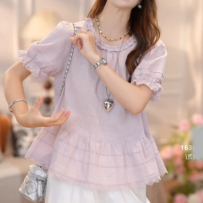 2025夏季法式圆领木耳边小衫网纱拼接衬衫LK2504755