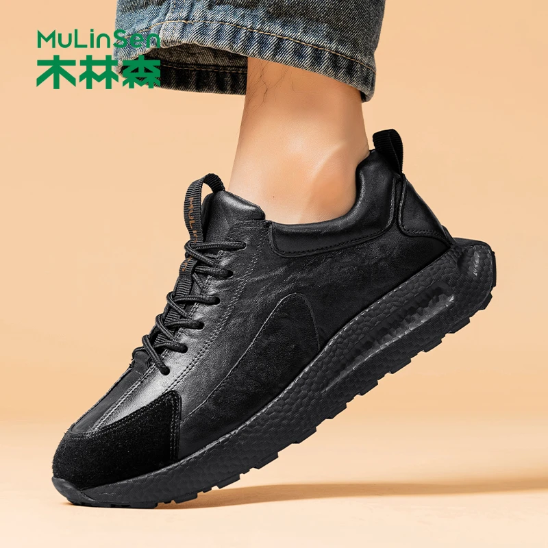 木林森男士运动休闲皮鞋软皮秋季厚底增高真皮潮鞋黑色底秋冬新款