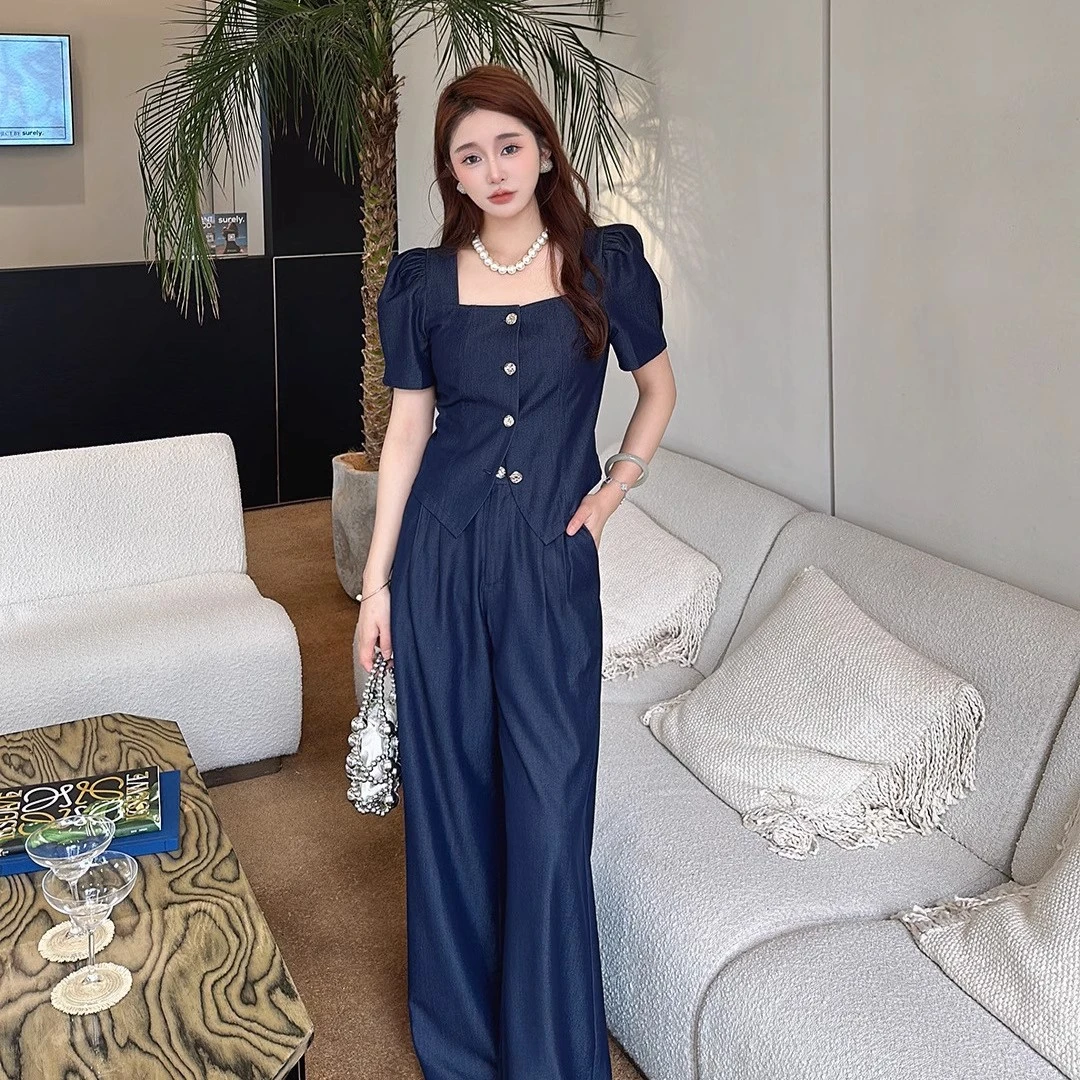 韩版时尚牛仔套装女2025夏季法式显瘦方领衬衫休闲直筒裤两件套