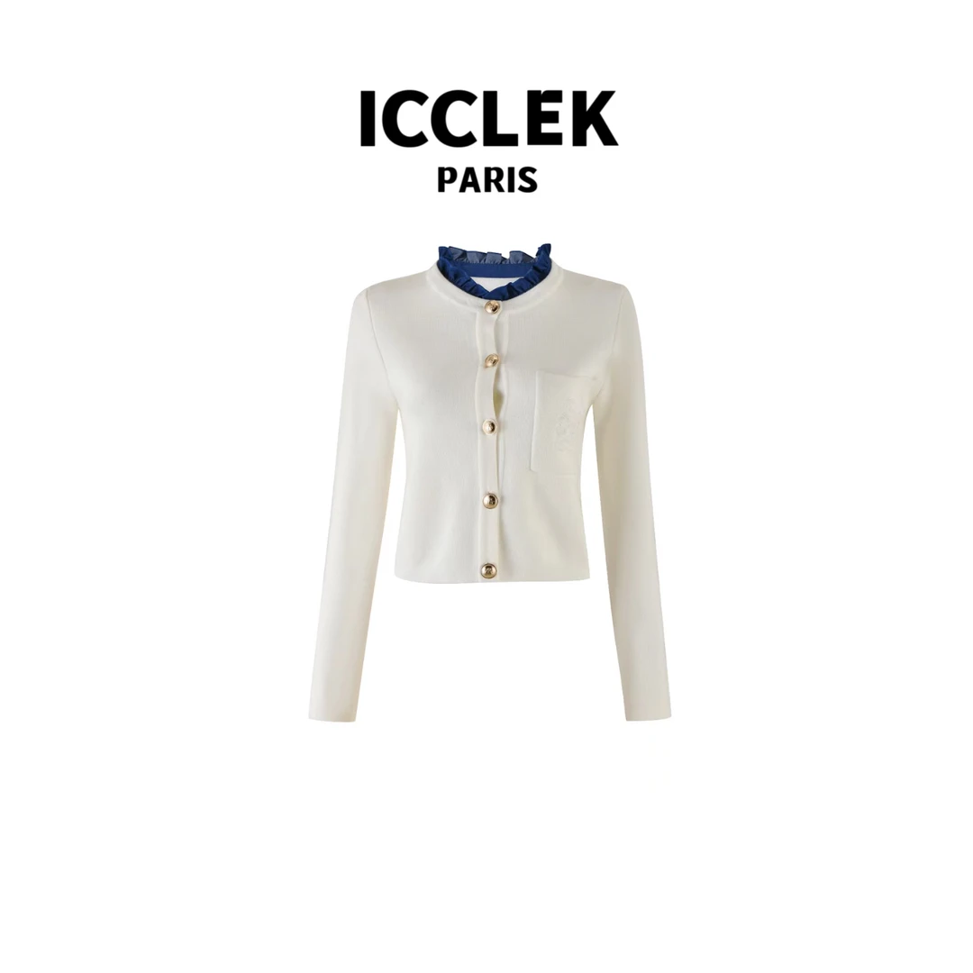 【玲姐专属】白色荷叶领开襟长袖针织衫 气质 轻奢 名媛 -2673