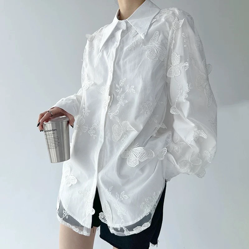 衬衫蝴蝶春季刺绣长袖外套小众宽松复古衬衣设计感上衣中国风