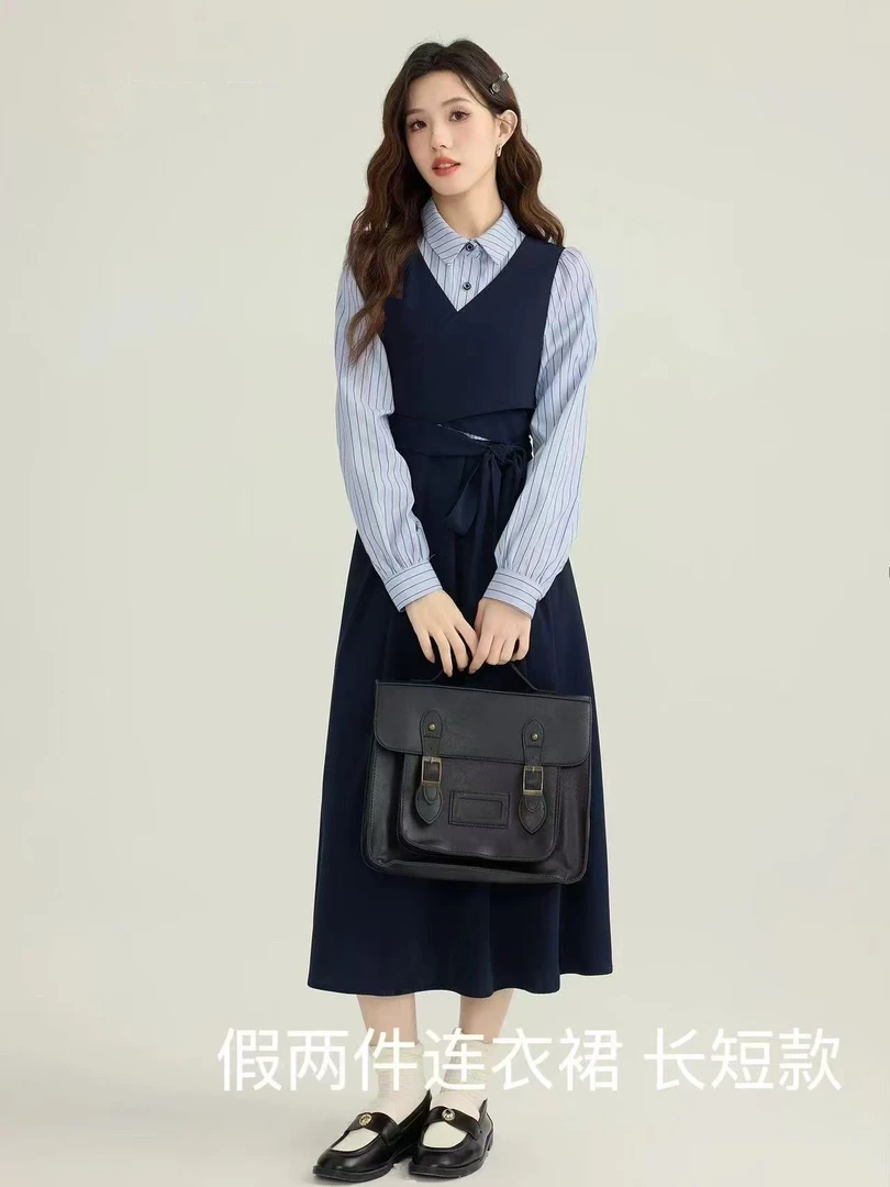 2025春季新款韩系学院风假两件连衣裙百搭显瘦时尚减龄