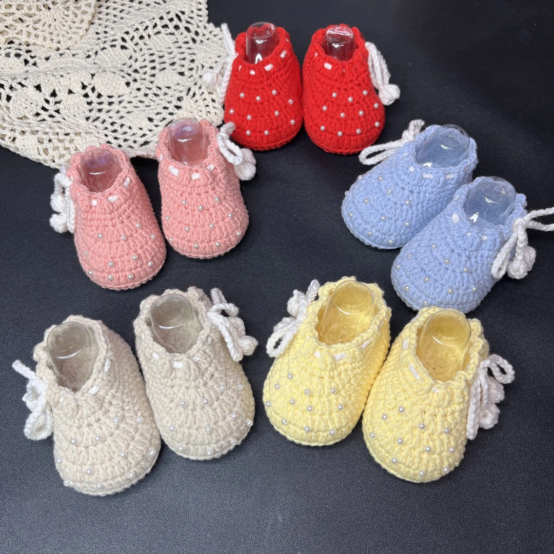 钩针手工diy 可爱系带珍珠宝宝鞋编织婴儿编织毛线鞋初学者材料包