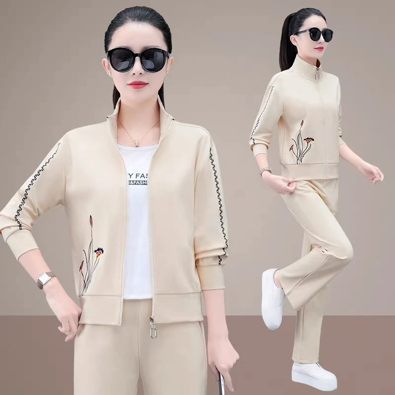 休闲运动套装女2025春秋新款韩版修身时尚运动服女休闲立领三件套