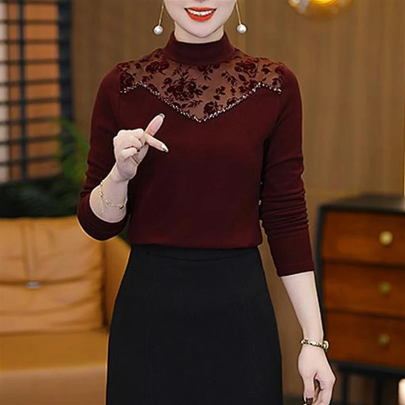 半高领打底衫加绒保暖冬季新款时尚蕾丝拼接钉珠设计I气质修身T恤