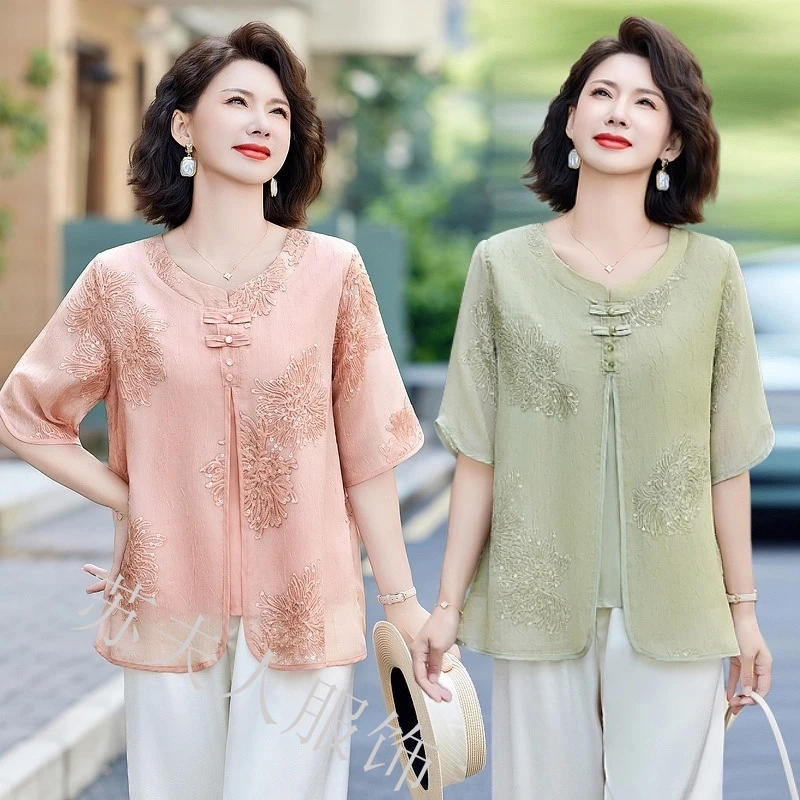 母亲节中年妈妈夏装中袖T恤上衣中老年女夏季洋气新中式小衫时尚