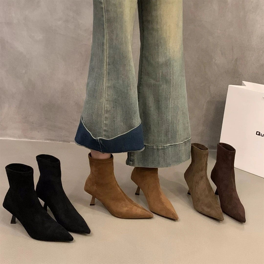 2025秋冬气质百搭细跟裸靴套筒弹力瘦瘦靴子小猫跟尖头绒面短靴女