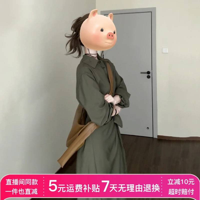 绿色polo领衬衫连衣裙子女装2025开春季初春流行穿搭独特漂亮长裙