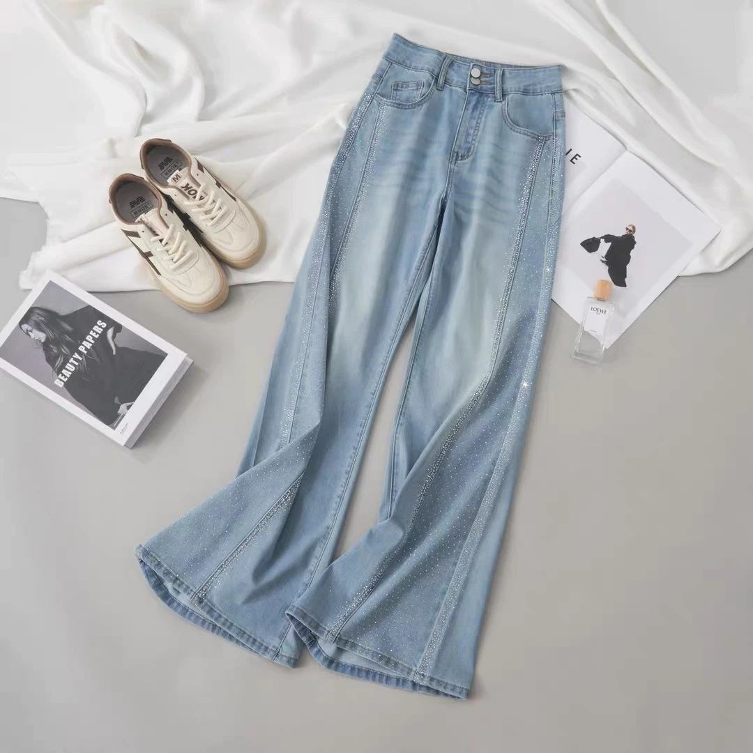 莱赛尔天丝夏季新款弹力烫钻不掉钻高腰牛仔裤女遮肉显瘦阔腿裤子