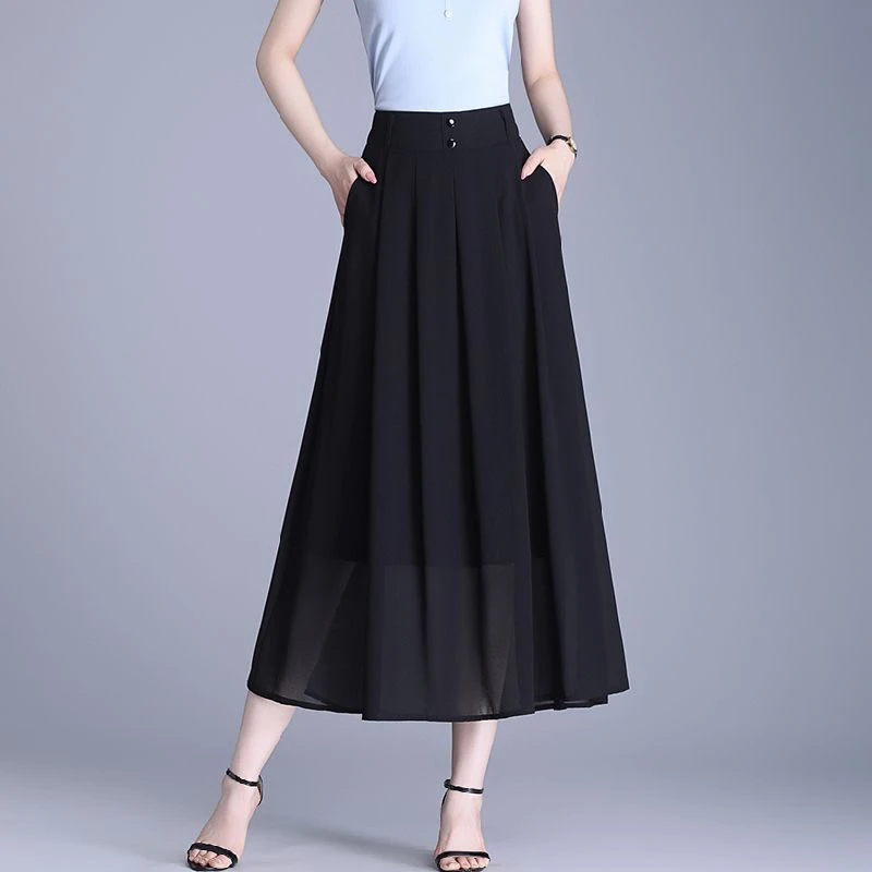 2025新款雪纺半身裙夏季中长款松紧高腰百褶裙垂感显瘦裙A字大码