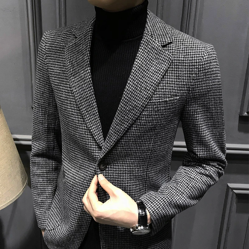 富比莫维西装男秋冬季修身羊毛外套休闲格子小西服西男装上衣