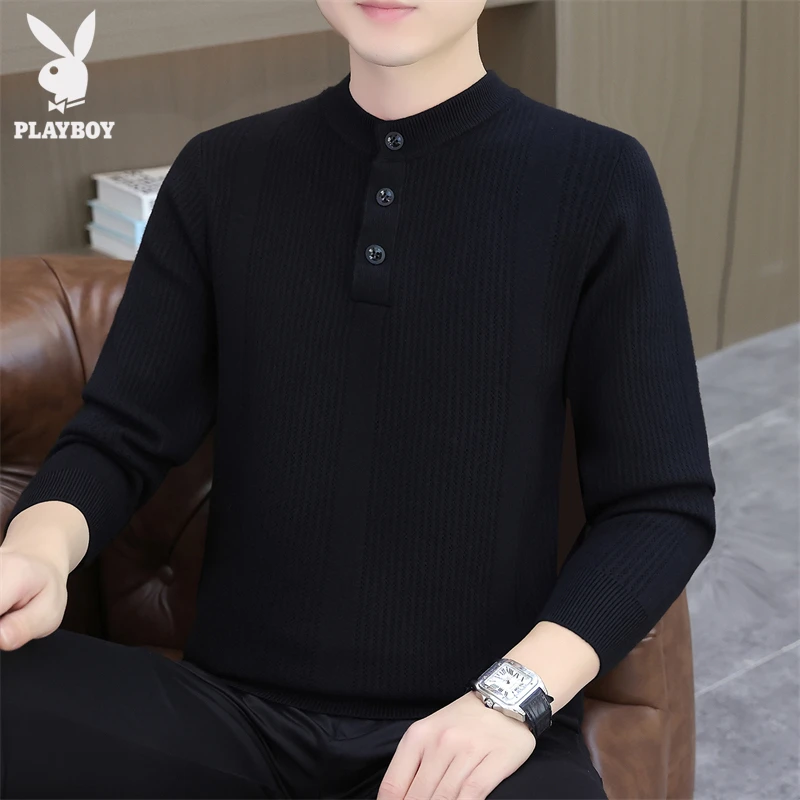 花花公子加厚冬季男士长袖打底衫时尚休闲半高领毛衣男保暖纯色